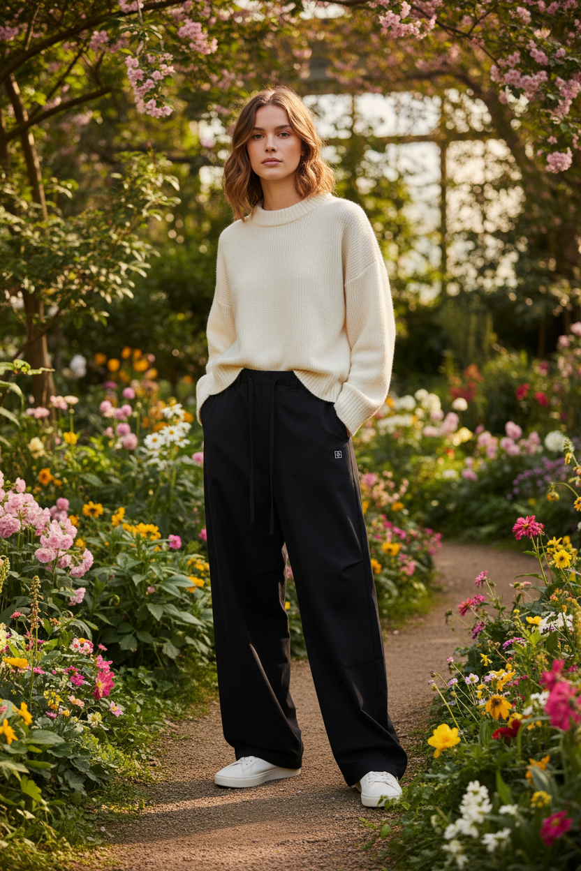 Femme portant le pantalon noir à taille élastique dans un jardin botanique