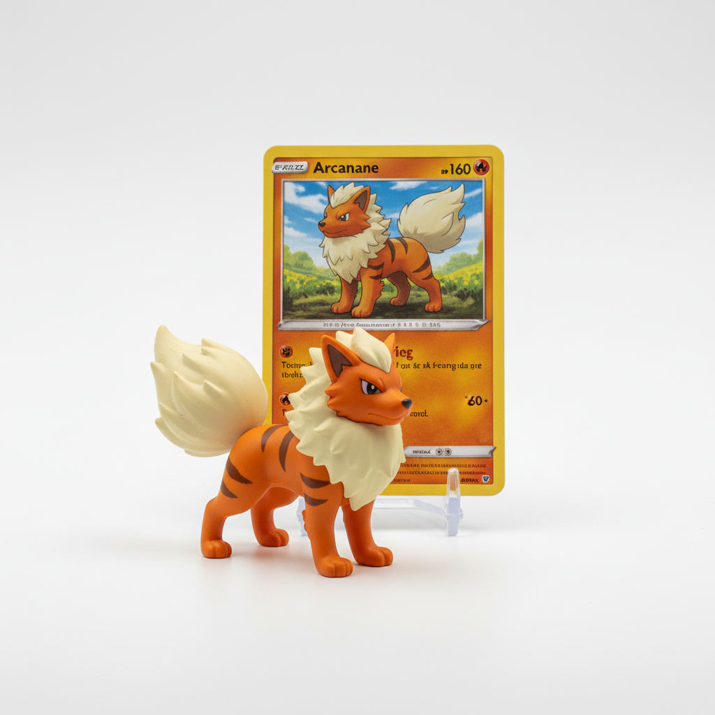 Figurine Blind Box Diorama Arcanine Figurine 3D Quadrupède Debout Carte Séparée Support Acrylique Pokémon orange rayé noir crinière crème en PVC peint, vue produit trois quarts sur fond blanc cassé sans modèle