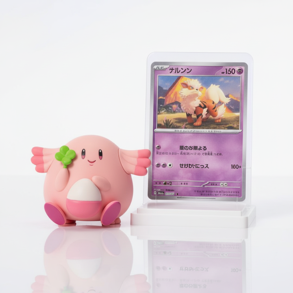 Figurine Blind Box Diorama Chansey Figurine 3D Assise Œuf Carte Séparée Support Acrylique Pokémon rose pâle œuf blanc ailes rose pieds fuchsia en PVC peint, vue produit de face sur fond blanc avec reflet miroir sans modèle