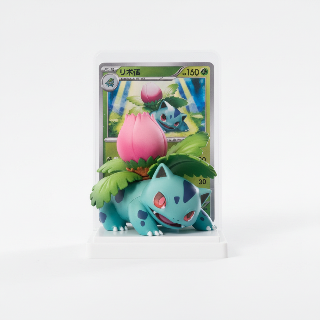 Figurine Blind Box Diorama Ivysaur Figurine 3D Quadrupède Fleur Rose Carte Diorama Socle Blanc Pokémon bleu vert fleur rose feuilles vertes en PVC peint, vue produit trois quarts sur fond blanc sans modèle