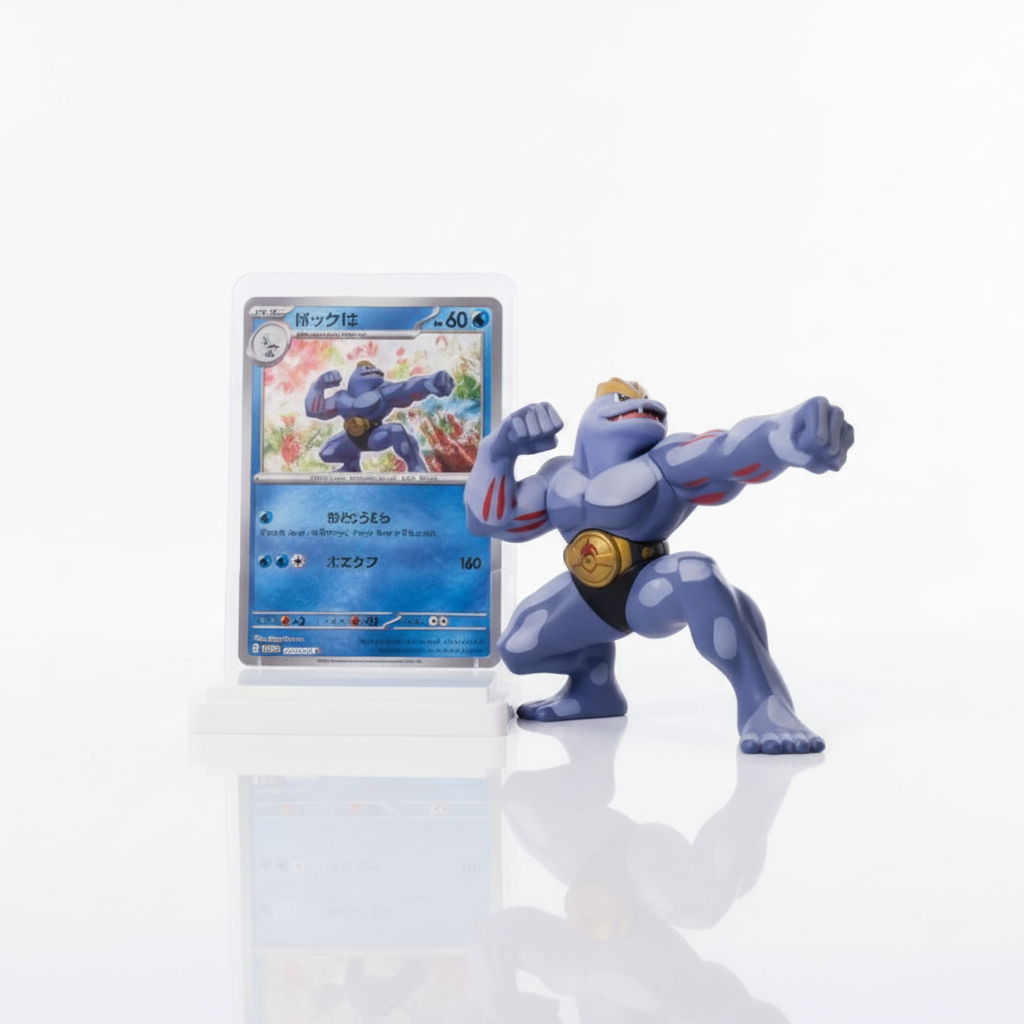 Figurine Blind Box Diorama Machamp Figurine 3D Bipède Pose Combat Carte Séparée Support Acrylique Pokémon bleu gris taches blanches ceinture dorée en PVC peint, vue produit trois quarts sur fond blanc avec reflet miroir sans modèle