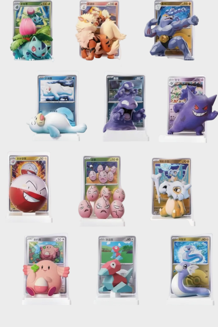 Figurine Blind Box Set 12 Pokémon Figurine 3D Carte Diorama Édition Limitée Pokémon multicolore en PVC peint, vue produit collection complète en grille sur fond gris clair sans modèle