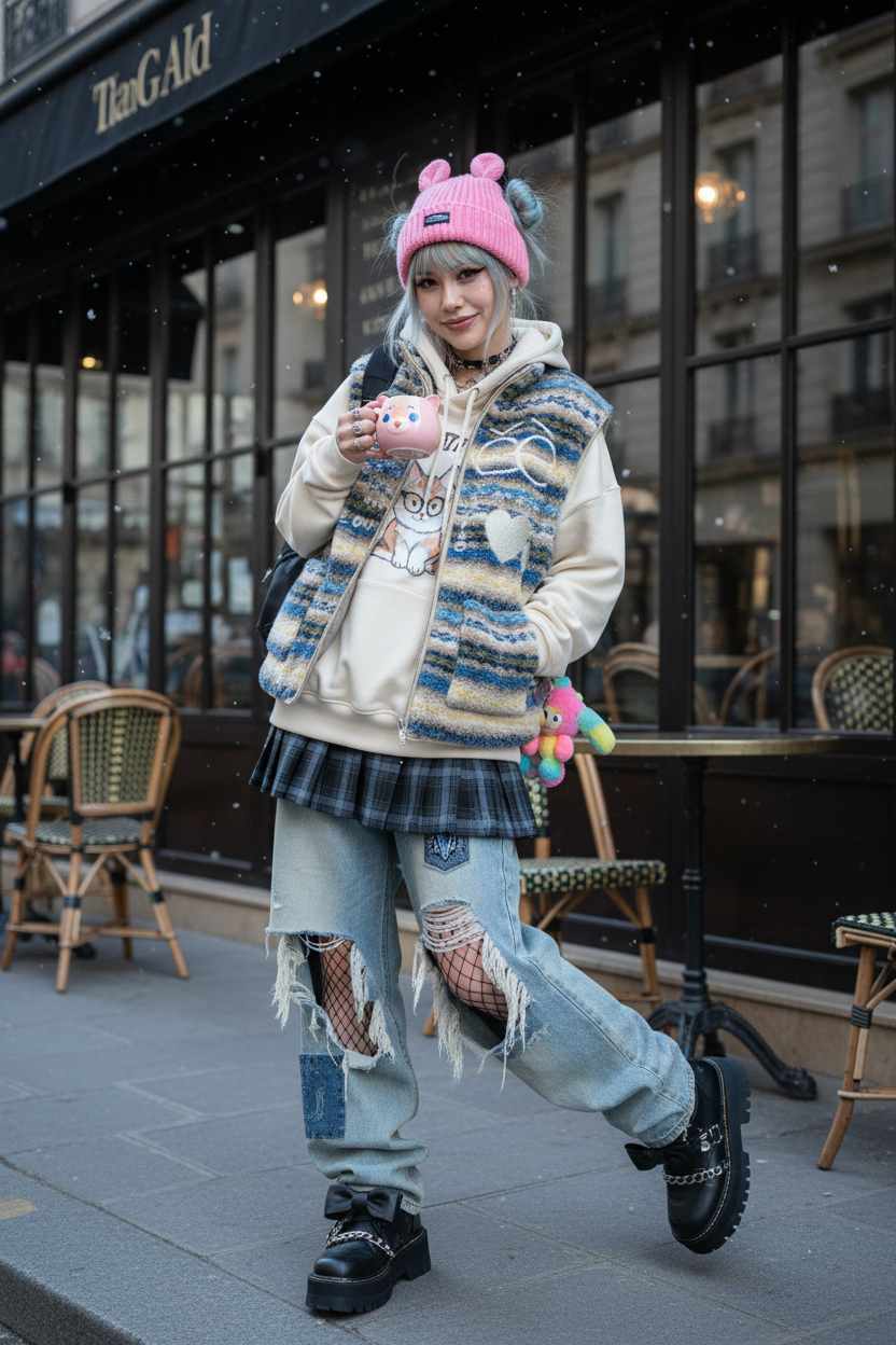 Gilet eeee Artmonster en polaire jacquard rayé beige et bleu, porté par une femme avec hoodie écru et beanie rose, devant un café parisien sous la neige
