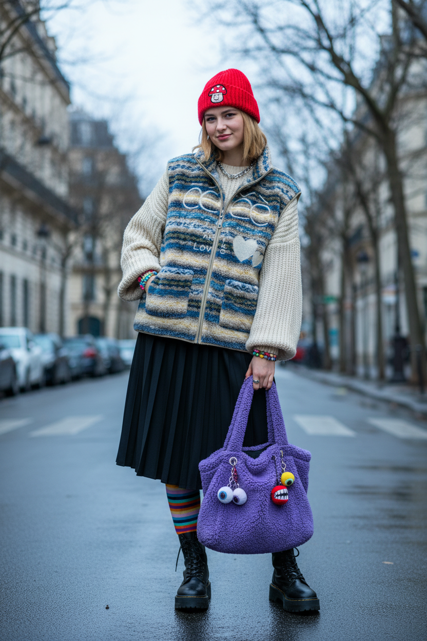 Gilet eeee Artmonster en polaire jacquard rayé beige et bleu, porté par une femme avec hoodie écru et beanie rose, devant un café parisien sous la neige
