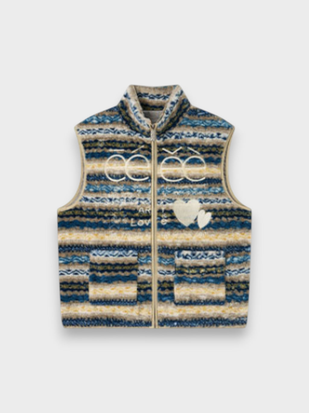Gilet sans manches eeee Artmonster en polaire jacquard rayé beige et bleu marine motif ethnique
