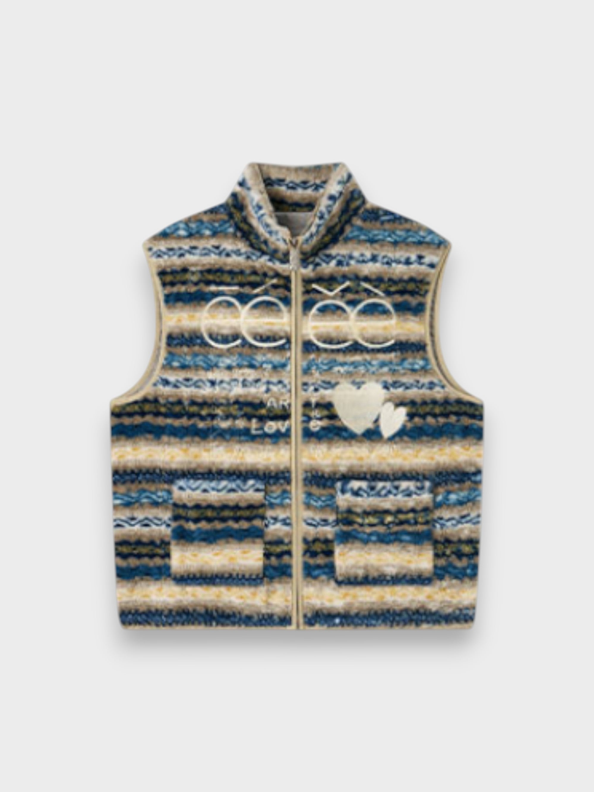 Gilet sans manches eeee Artmonster en polaire jacquard rayé beige et bleu marine motif ethnique
