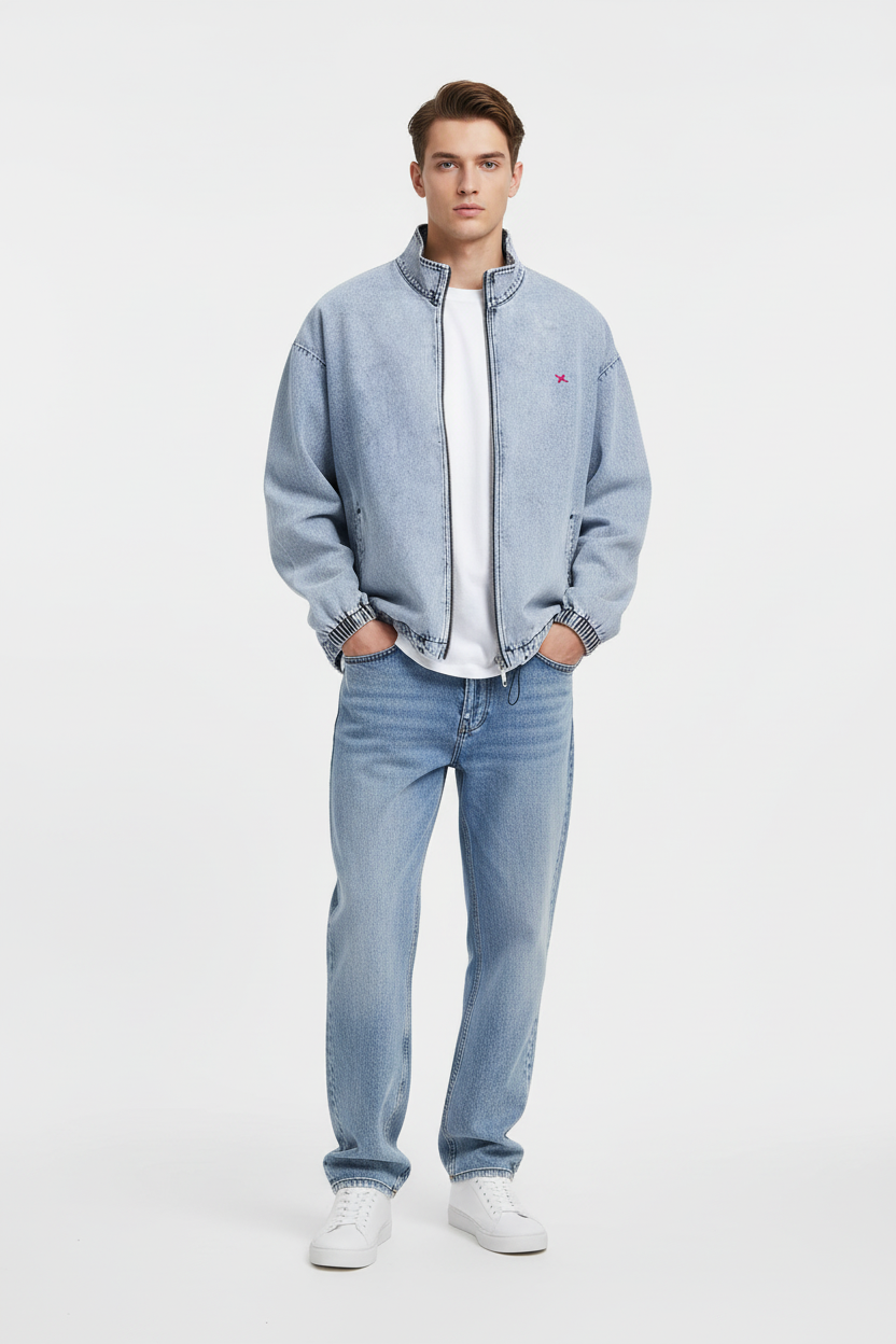 Homme portant la veste en jean bleu clair délavée look complet