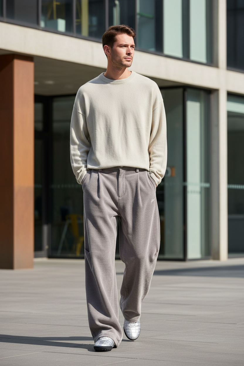 Homme portant le pantalon gris oversize en velours côtelé dans une rue en ville