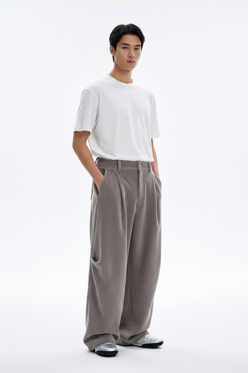 Homme portant le pantalon large en velours côtelé gris en pied