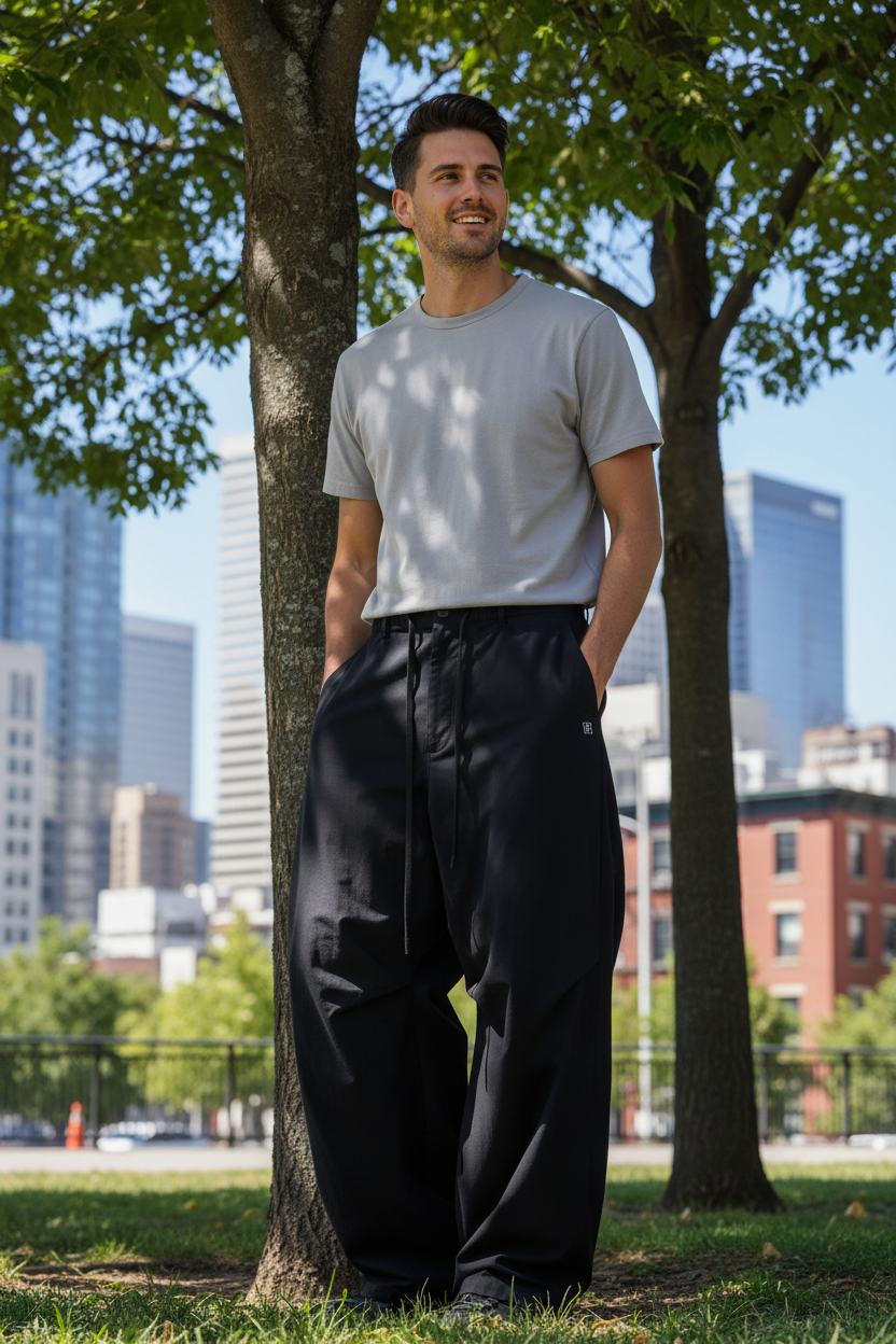 Homme portant le pantalon noir streetwear dans un parc en ville

