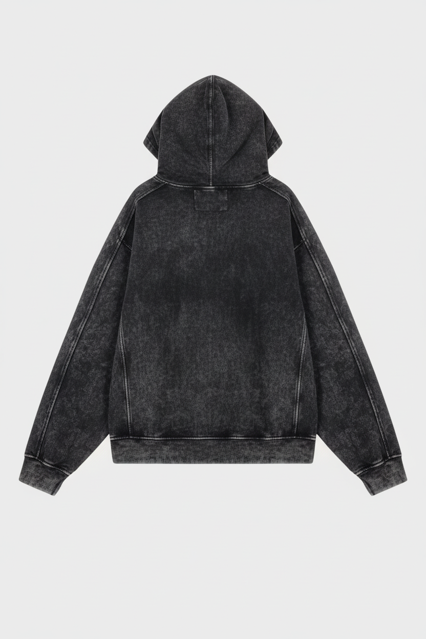 Sweat à capuche oversize BJHG noir délavé avec coutures contrastées, vue de dos sur fond gris

