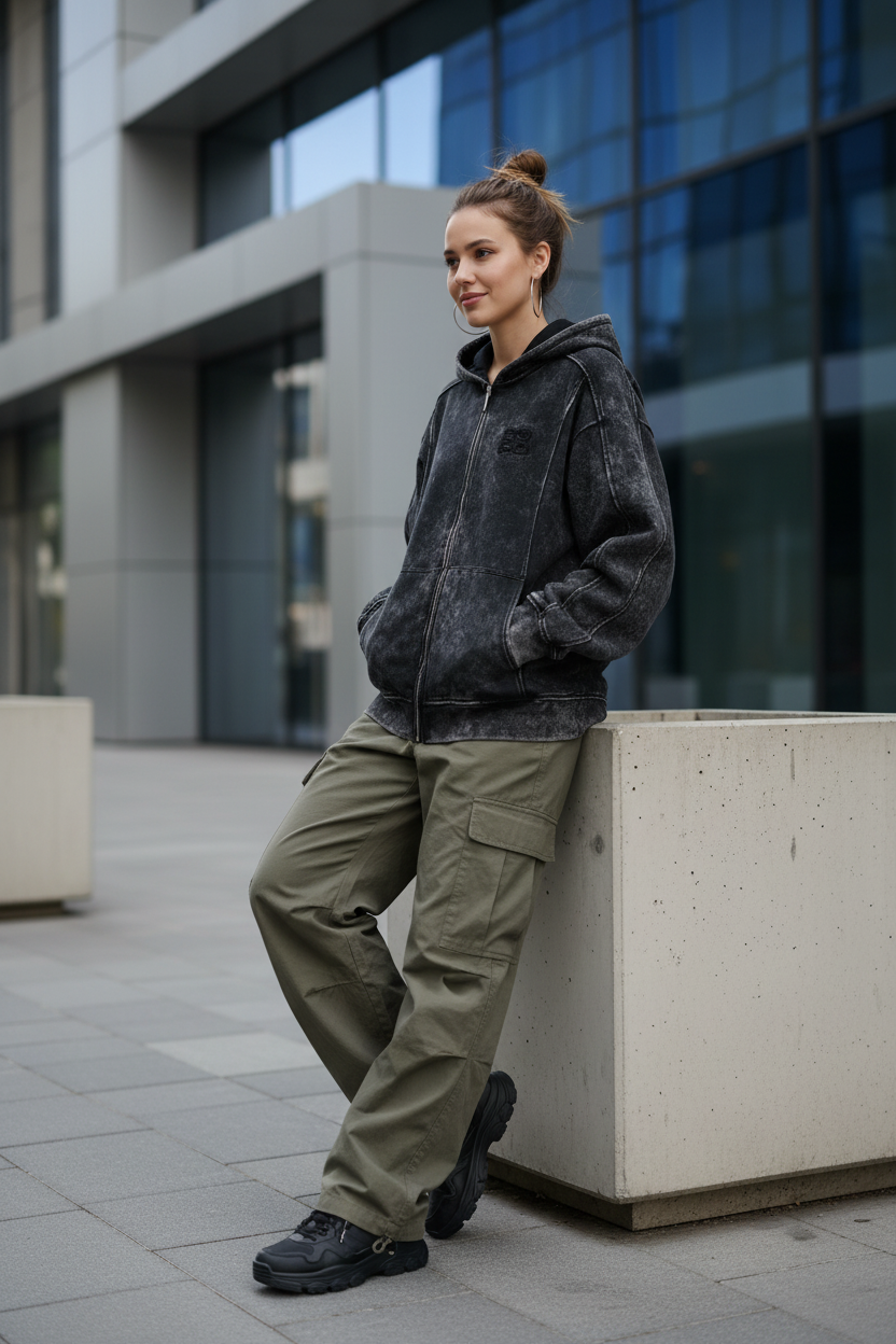 Sweat à capuche zippé oversize BJHG noir délavé avec patch logo, porté par une femme avec pantalon cargo kaki, rue urbaine

