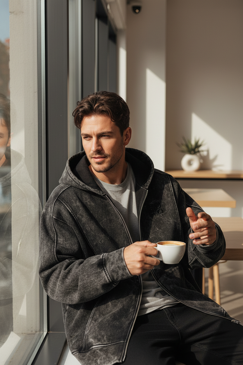 Sweat à capuche zippé oversize BJHG noir délavé avec patch logo, porté par un homme tenant un café dans une pièce lumineuse
