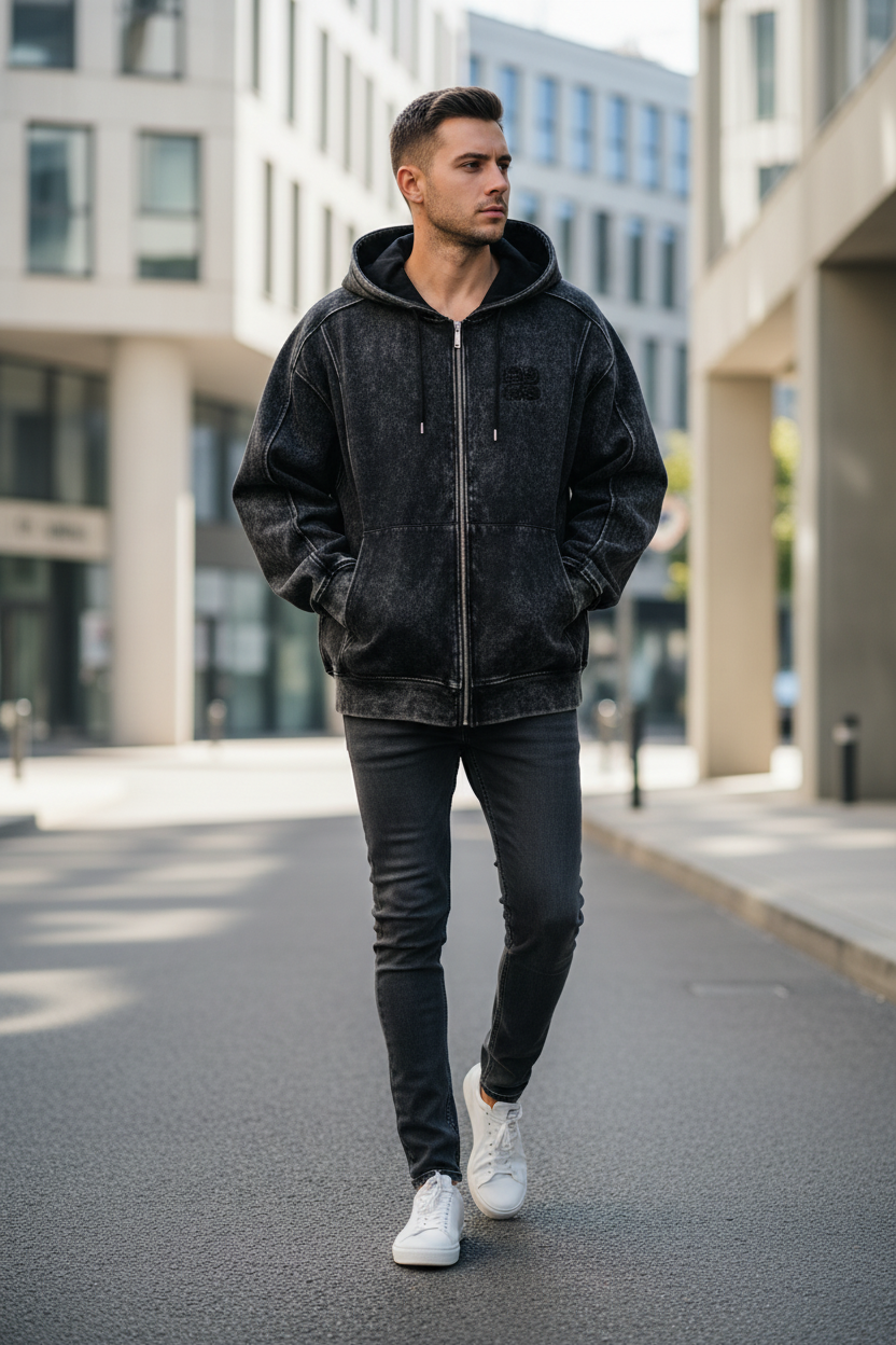 Sweat à capuche zippé oversize BJHG noir délavé avec patch logo, porté par un homme marchant dans une rue urbaine
