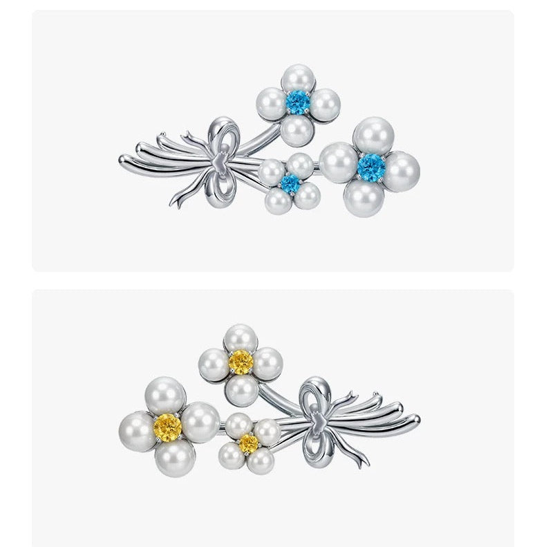 Broches bouquet perles en deux couleurs, cristaux bleus et jaunes, design élégant