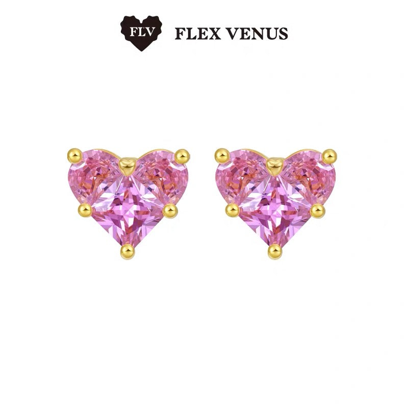 Boucles d’Oreilles Cœur Rose/Blanche – Design Doré & Perle