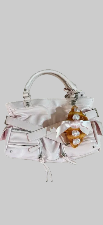 Realistic Croissant Bag Charm - Blue Bow Carabiner Clip