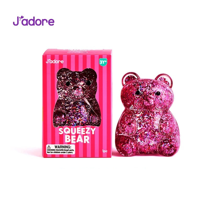 J'adore Glitter Squeezy Bear jouet sensoriel anti-stress ours paillettes rose, boîte rose