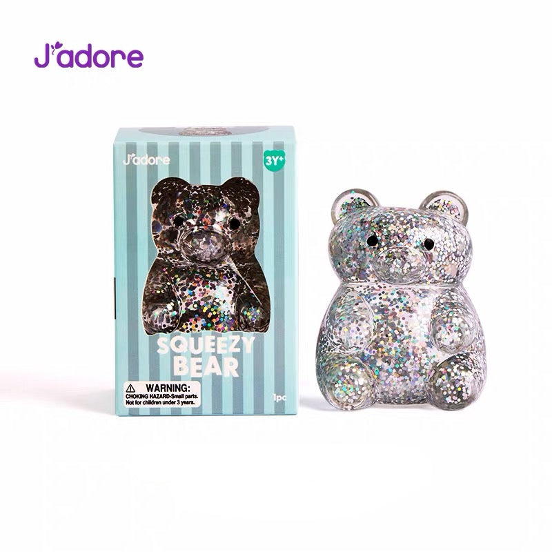 J'adore Glitter Squeezy Bear jouet sensoriel anti-stress ours paillettes argenté, boîte menthe