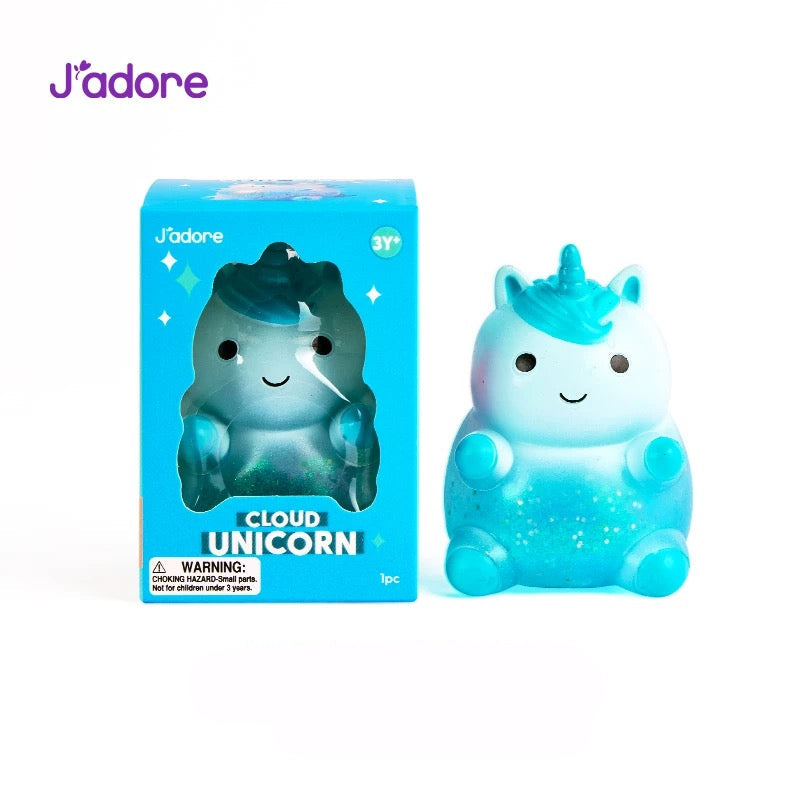 Figurine squishy J'adore Cloud Unicorn bleu pailleté avec sa boîte d'emballage, photo produit sur fond blanc
