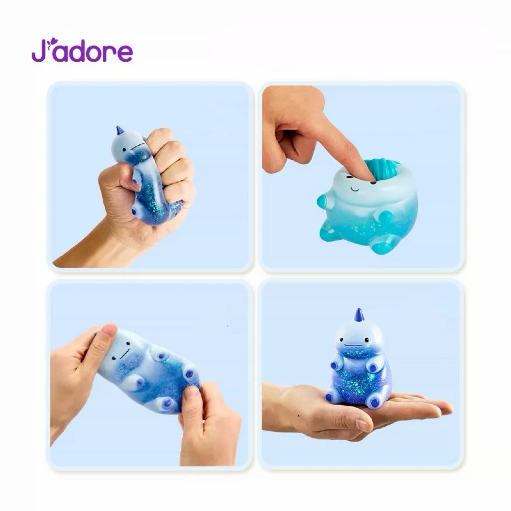 Jouet squishy J'adore licorne bleue pailletée anti-stress, démonstration en 4 vues : serrage, pression, étirement et taille en main
