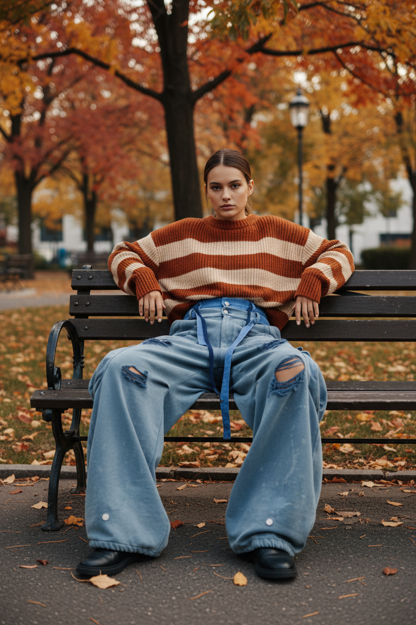 Jean Baggy Destroy Lacets Bleus Relabel bleu clair délavé en denim, vue de face portée assise par une femme dans un parc en automne
