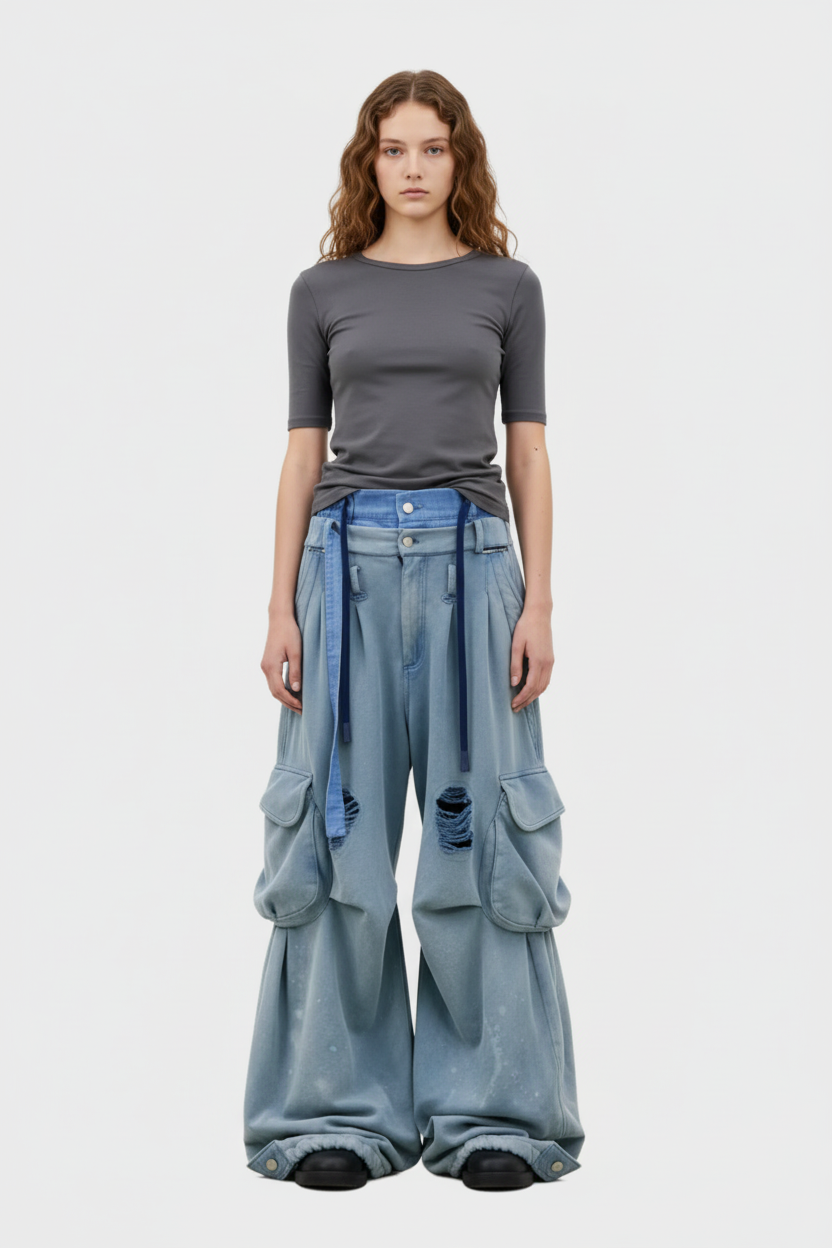 Jean Cargo Oversize Multi Poches Destroy Lacets Relabel bleu gris délavé en denim, vue de face portée par une femme