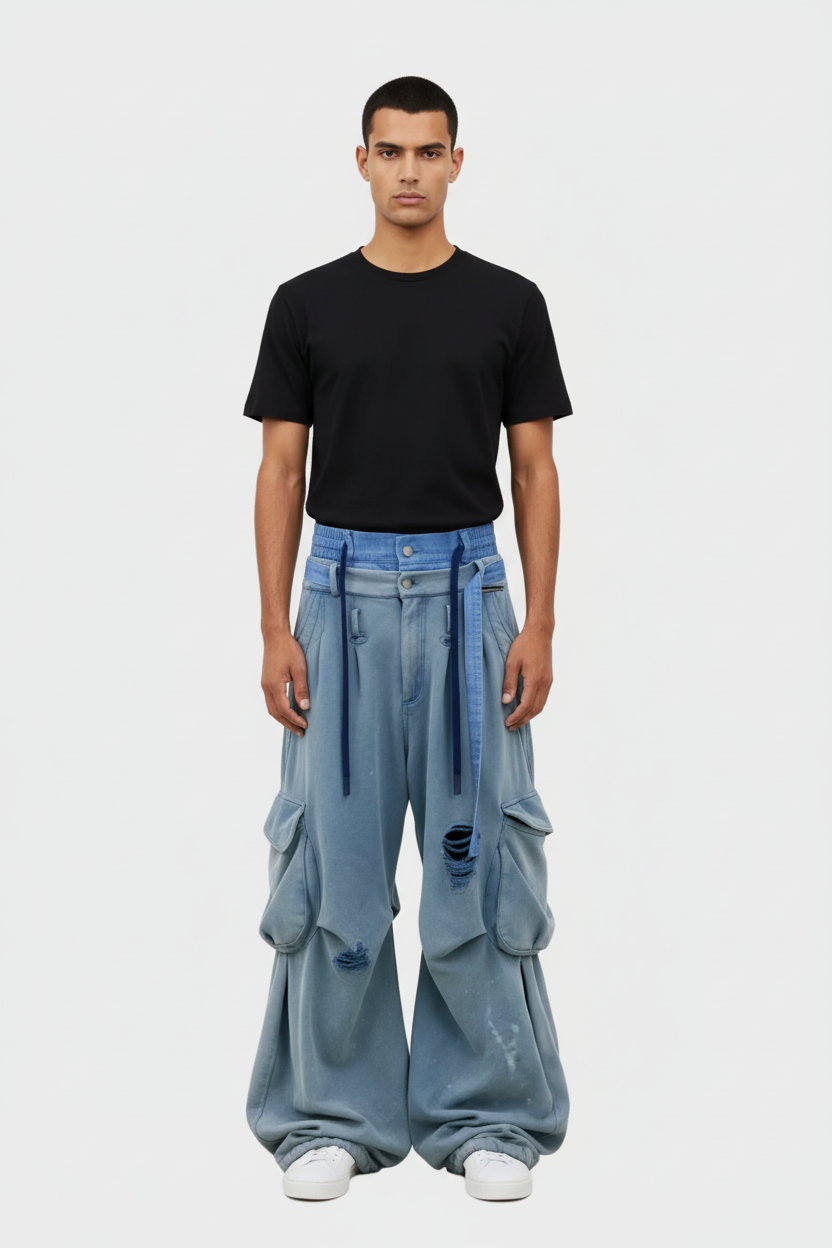 Jean Cargo Oversize Multi Poches Destroy Lacets Relabel bleu gris délavé en denim, vue de face portée par un homme