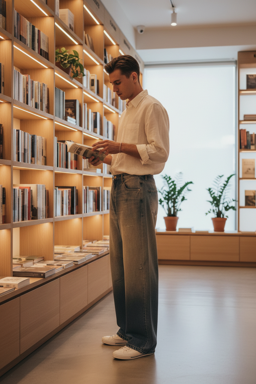 Jean denim dégradé détail volume bouffant et matière bibliotheque