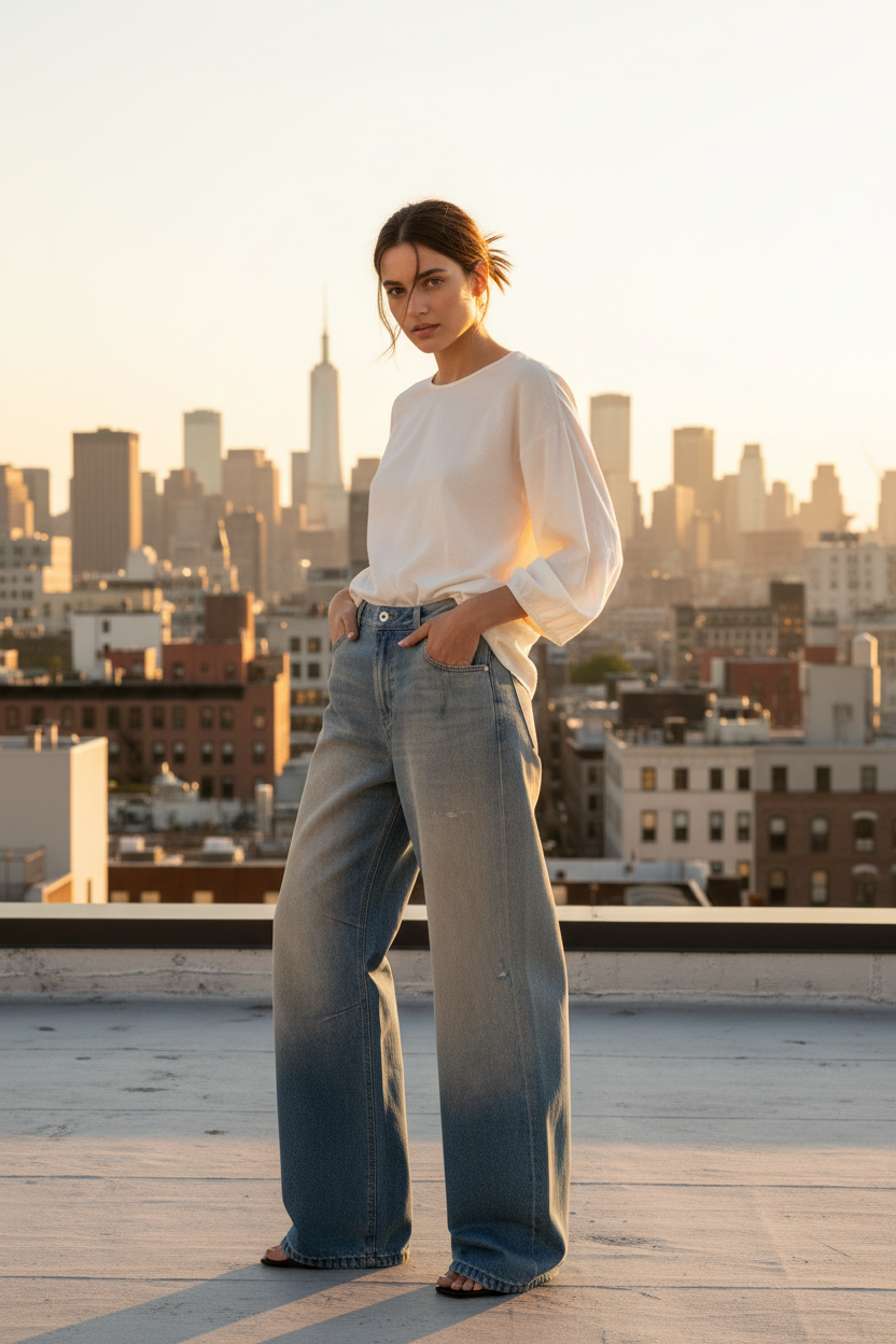 Jean denim dégradé détail volume bouffant et matière terrace