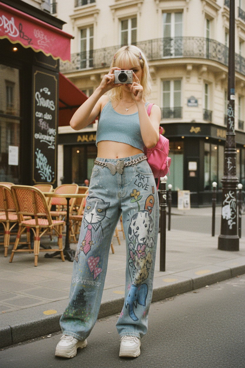 Jean eeee Artmonster bleu clair avec prints graffiti animaux et texte Art Love, porté par une femme avec crop top bleu et sac rose, rue parisienne
