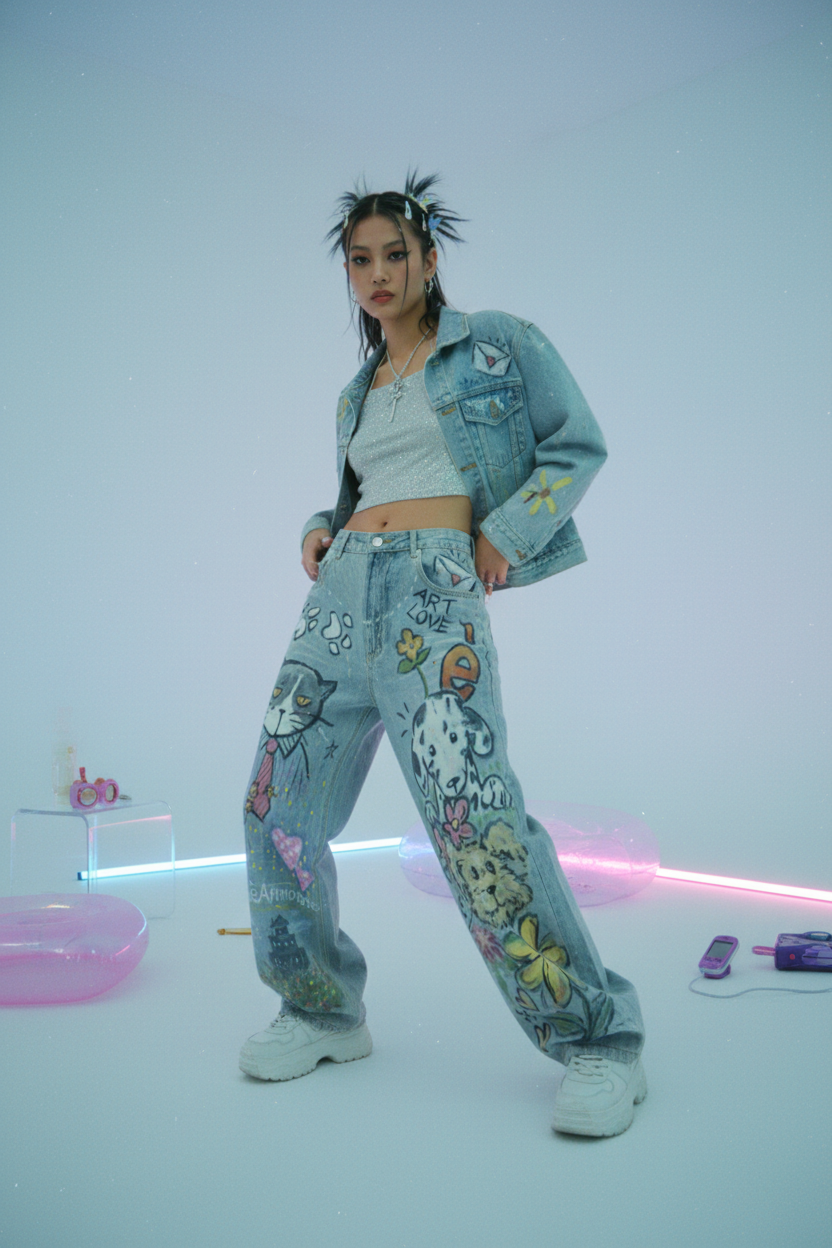 Jean eeee Artmonster bleu clair avec prints graffiti animaux et Art Love, porté par une femme avec veste denim et crop top blanc, studio fond blanc néons roses
