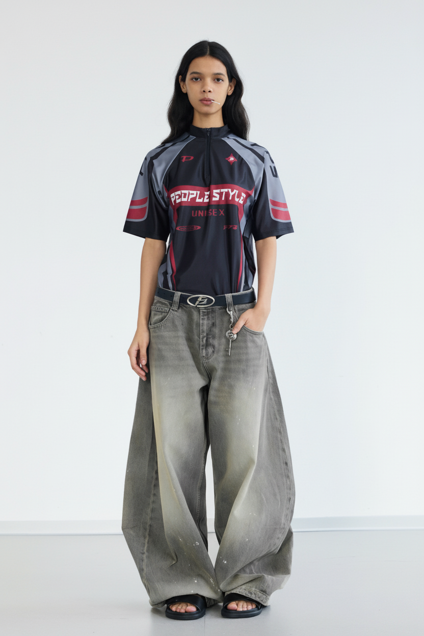 Jean gris-vert large porté en silhouette