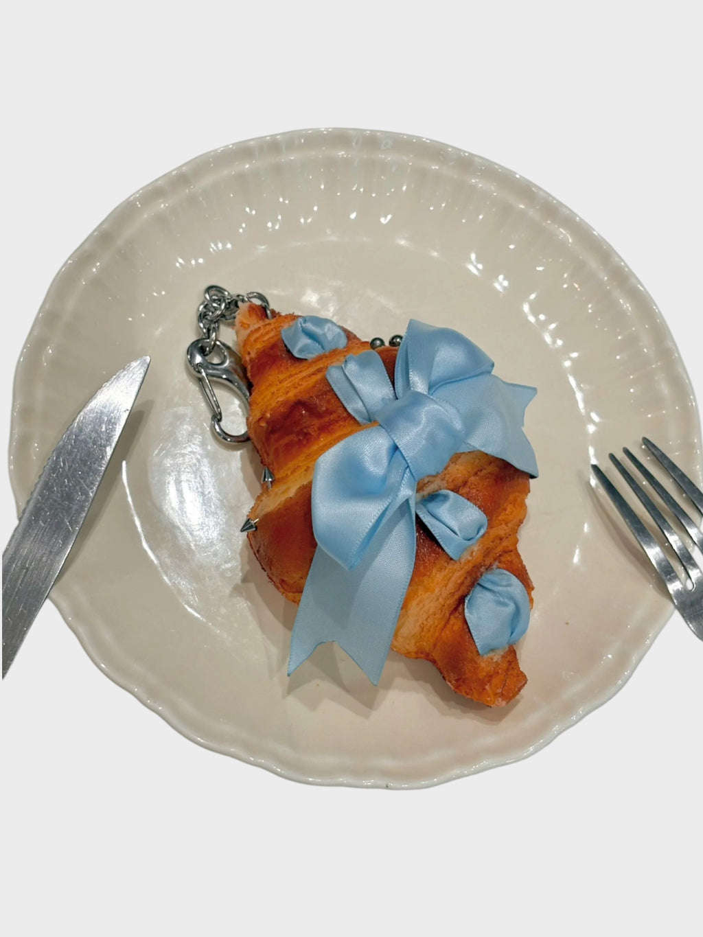 Realistic Croissant Bag Charm - Blue Bow Carabiner Clip
