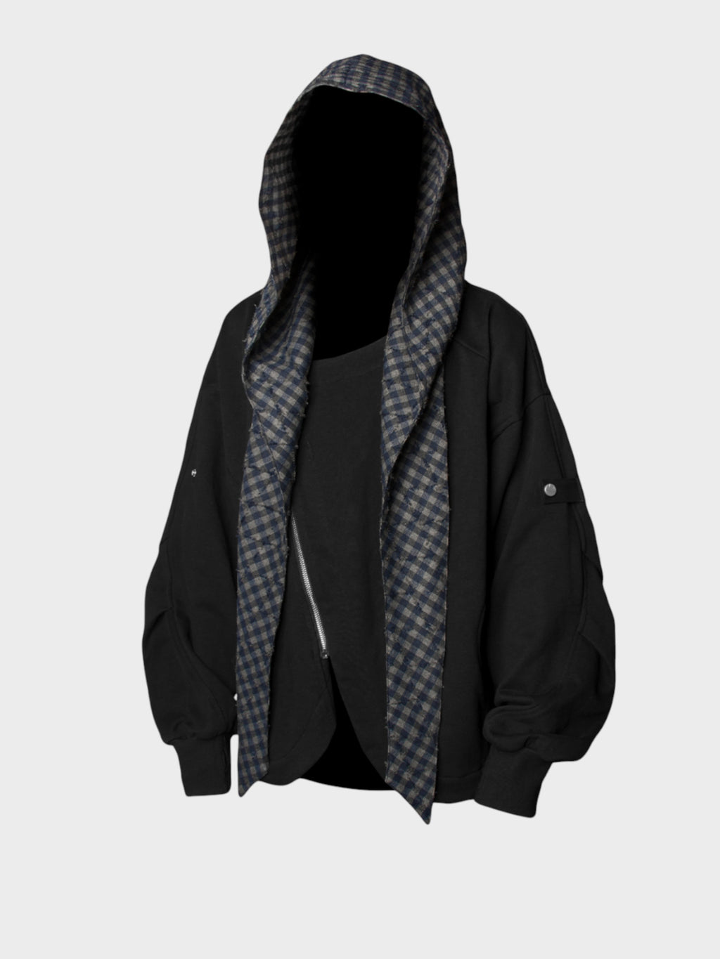 Veste Oversize Unisexe Noire à Capuche-Écharpe à Carreaux