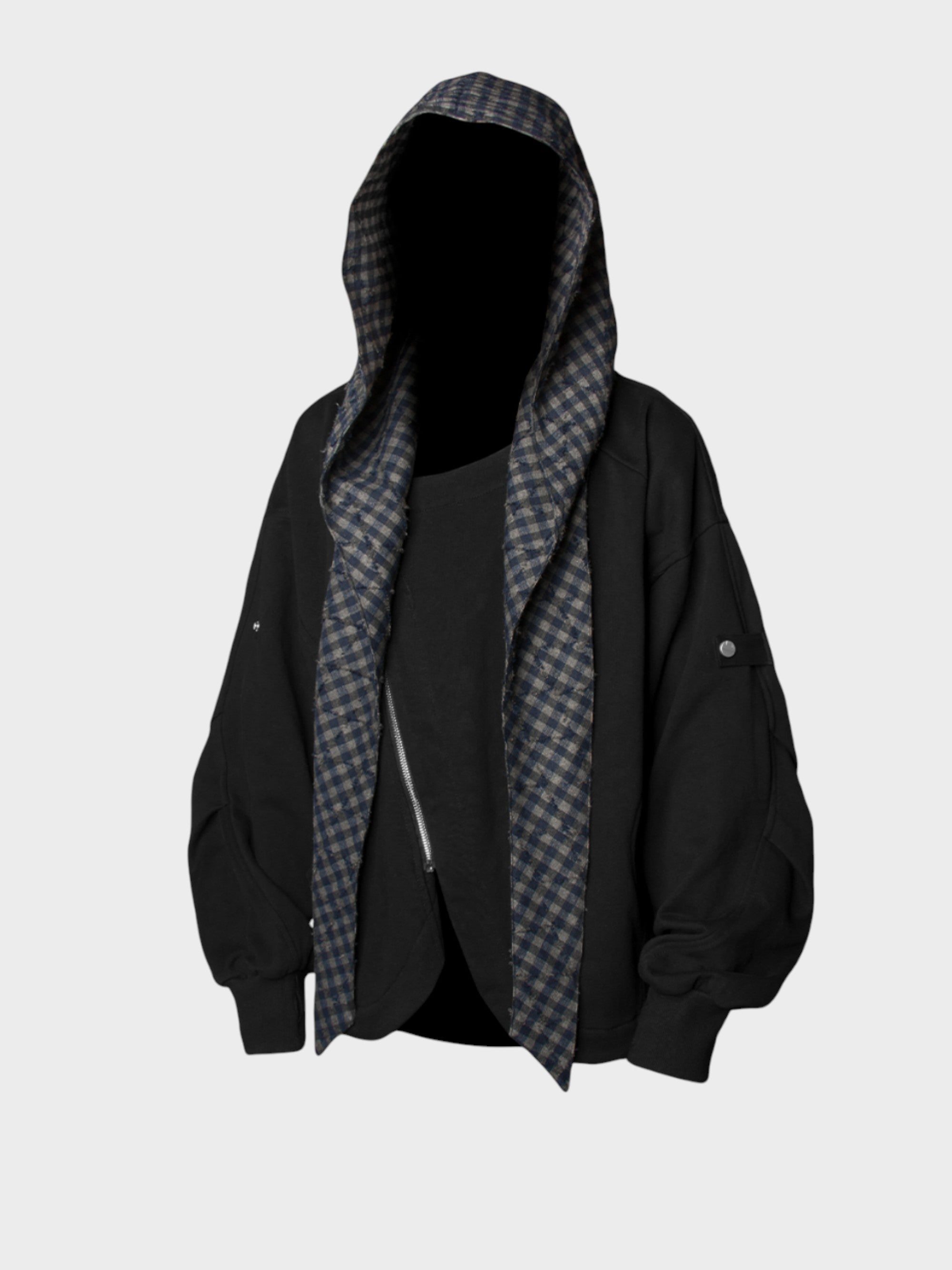 Veste Oversize Unisexe Noire à Capuche-Écharpe à Carreaux