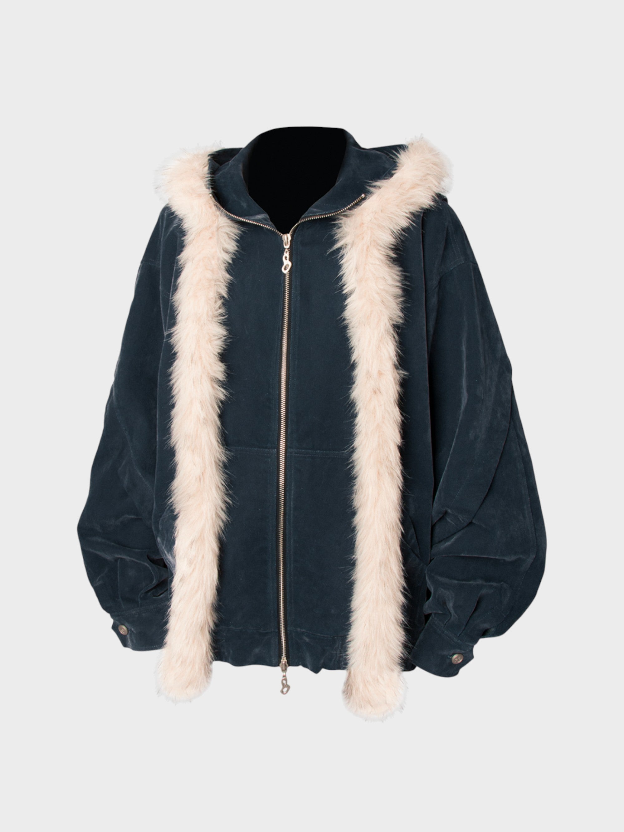 Veste Unisexe Bleu Nuit à Fourrure Synthétique – Coupe Oversize avec Capuche