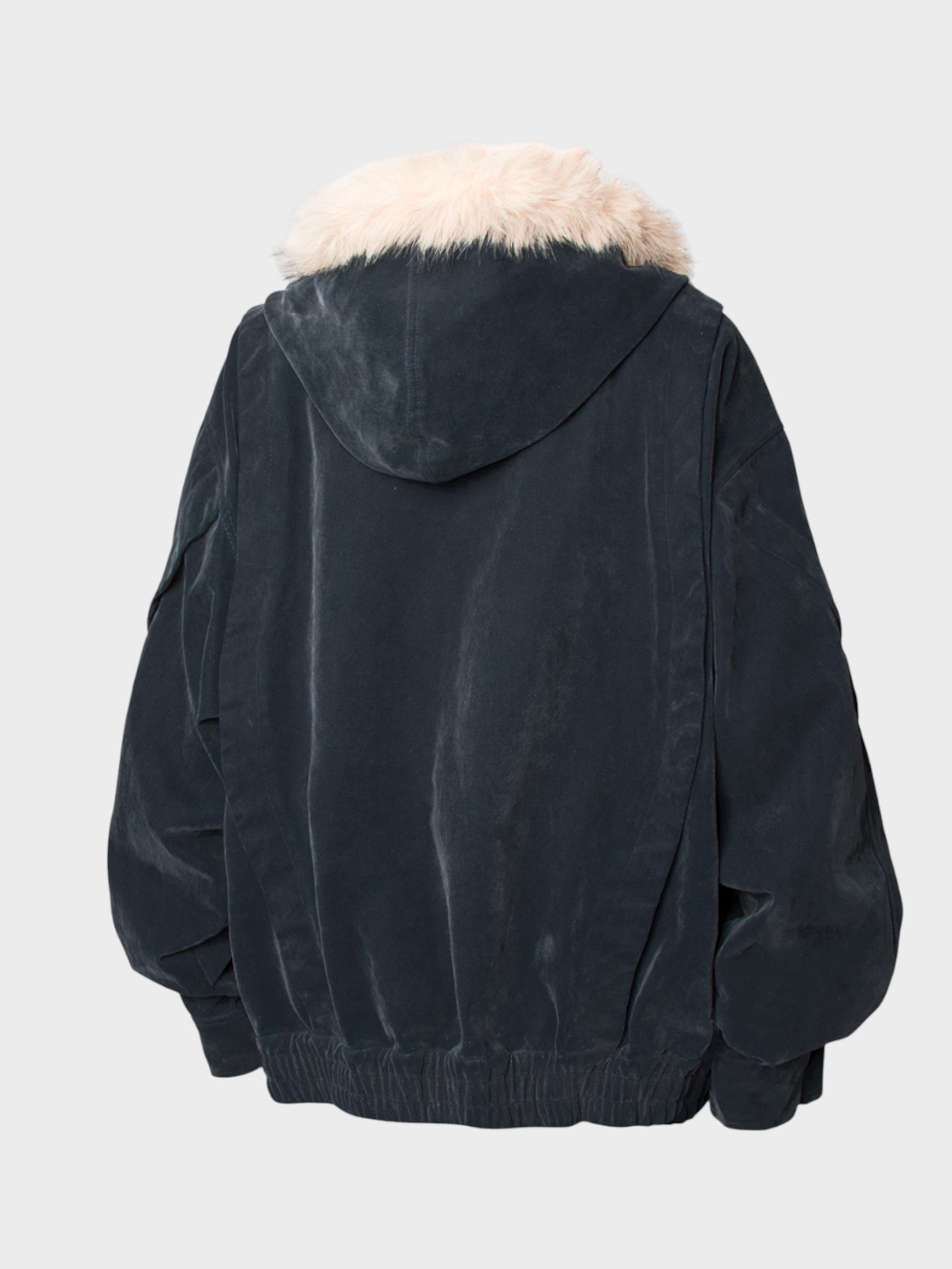 Veste Unisexe Bleu Nuit à Fourrure Synthétique – Coupe Oversize avec Capuche