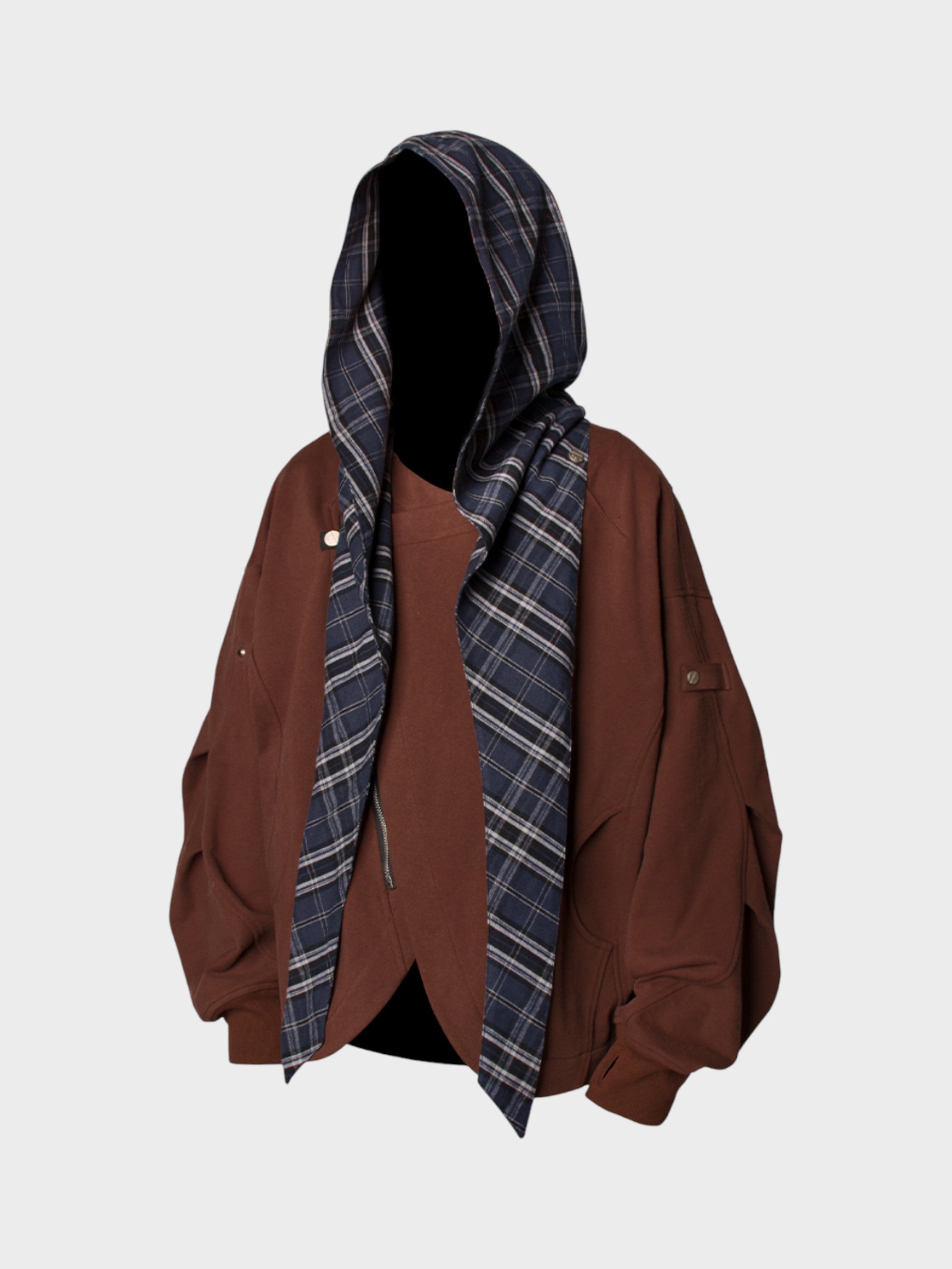 Veste Oversize Unisexe à Capuche-Écharpe Caramel et Motif Carreaux