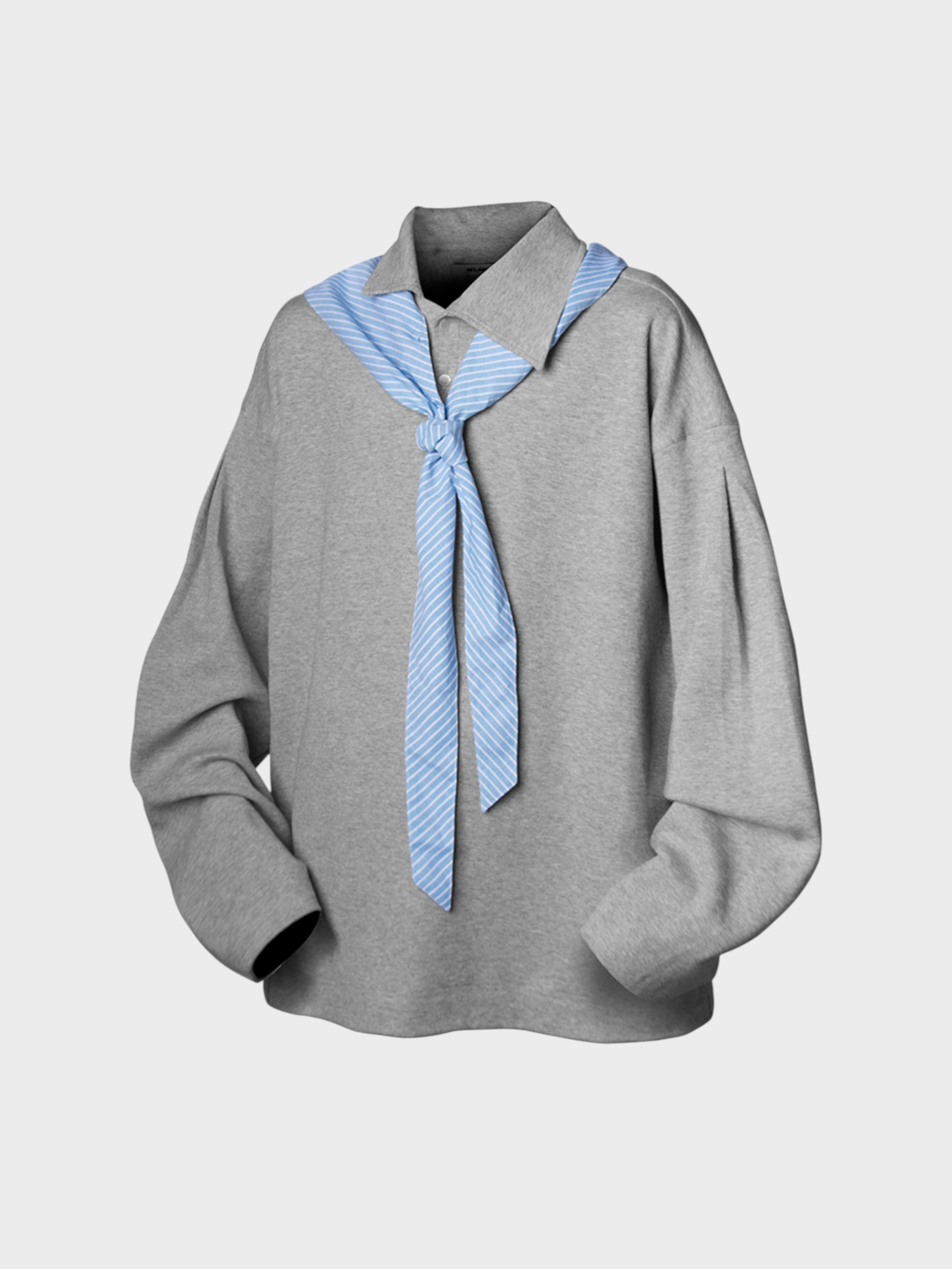 Pull Oversize Gris à Col Foulard Rayé – Effet Faux Layering