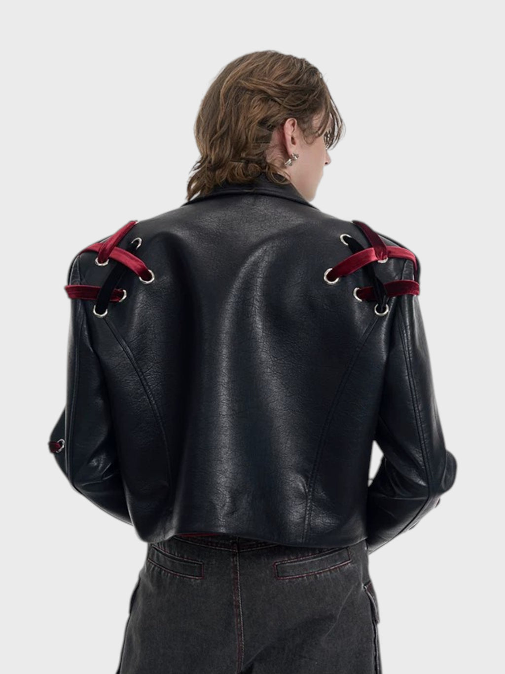 Veste Simili Cuir Courte Sangles Velours "Dark Rider" Noir Rouge Unisexe | STARTEXCEEDEND