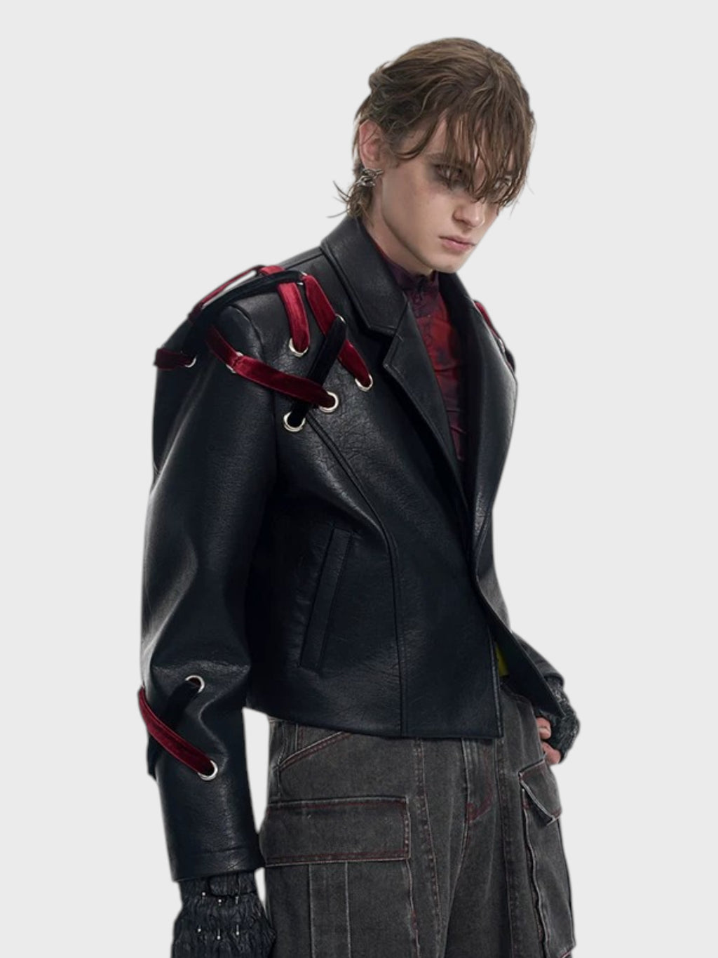 Veste Simili Cuir Courte Sangles Velours "Dark Rider" Noir Rouge Unisexe | STARTEXCEEDEND