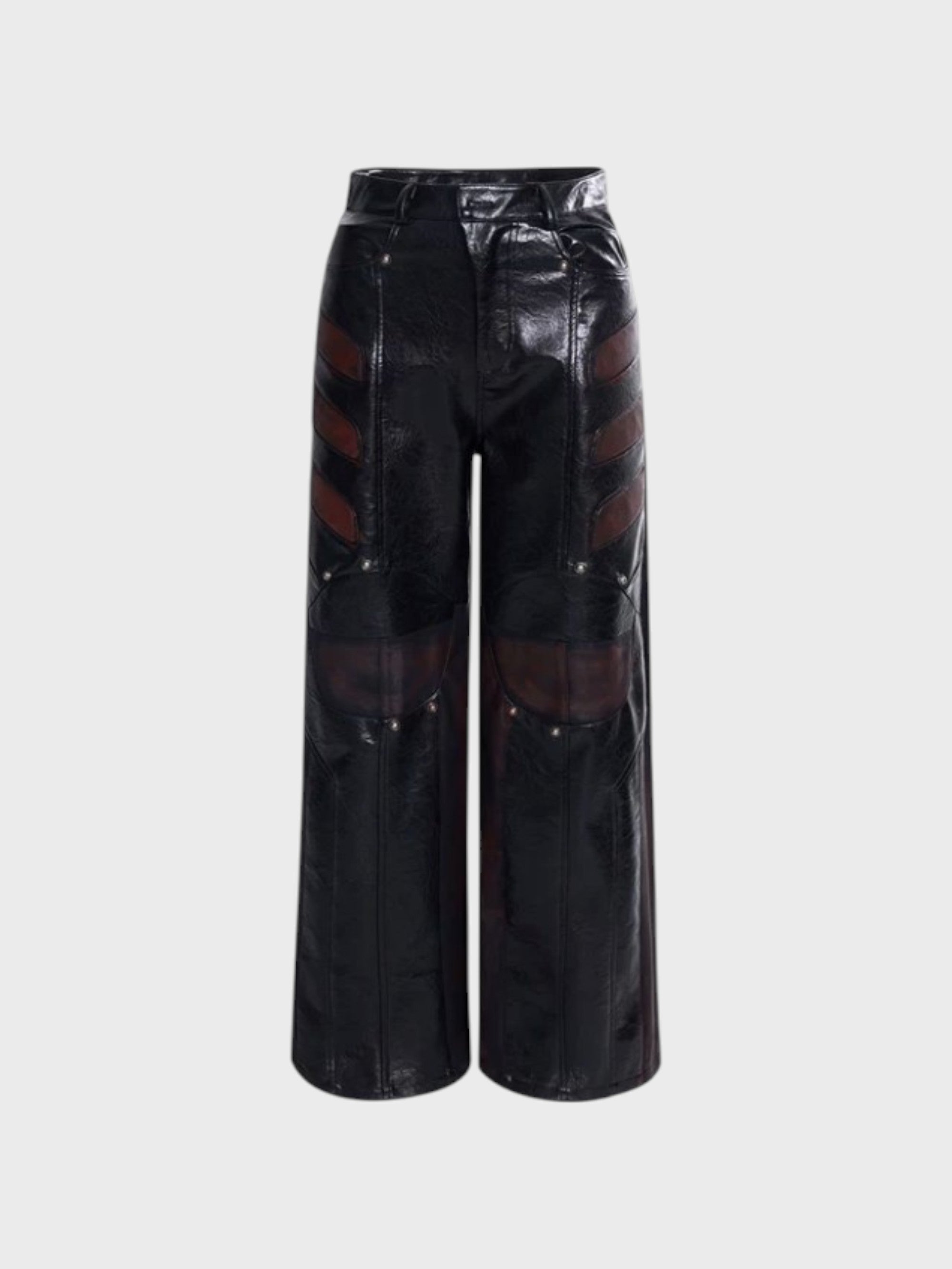 Pantalon Large PU Brillant Patchwork Tulle "Armor" Noir Marron Unisexe | STARTEXCEEDEND