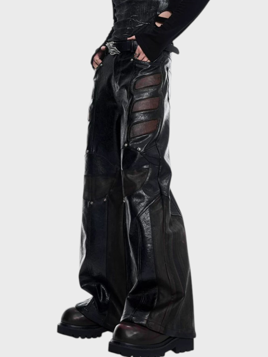 Pantalon Large PU Brillant Patchwork Tulle "Armor" Noir Marron Unisexe | STARTEXCEEDEND