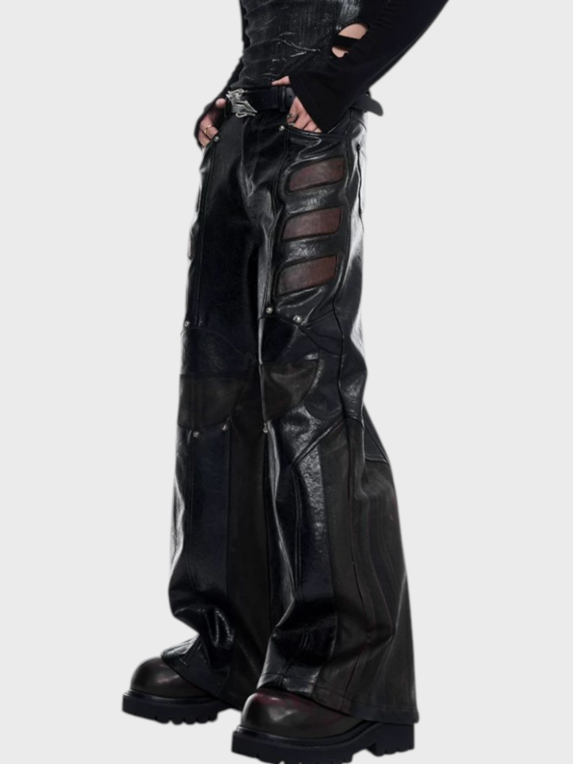 Pantalon Large PU Brillant Patchwork Tulle "Armor" Noir Marron Unisexe | STARTEXCEEDEND