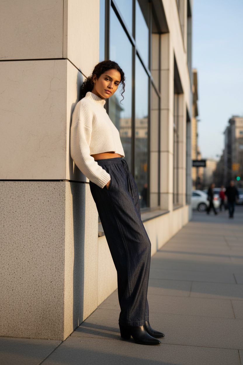 Pantalon BJHG bleu marine large en lin à cordon de serrage, porté par une femme, vue de profil en extérieur urbain

