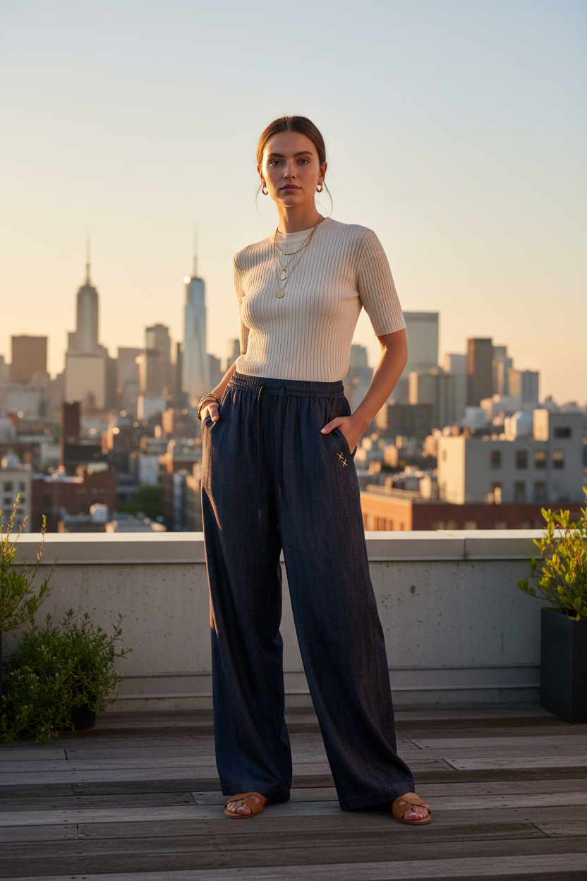 Pantalon BJHG bleu marine large en lin à cordon de serrage, porté par une femme, photo lifestyle sur rooftop avec skyline urbain
