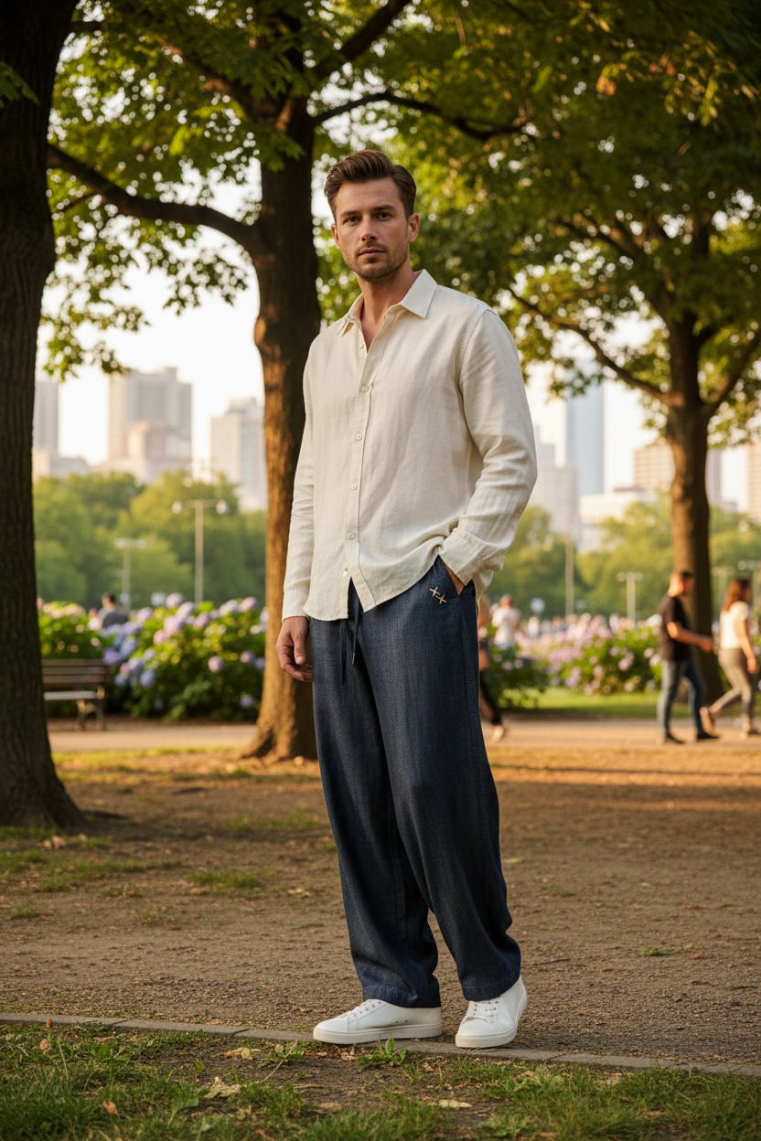Pantalon BJHG bleu marine large en lin à cordon de serrage, porté par un homme, photo lifestyle dans un parc urbain
