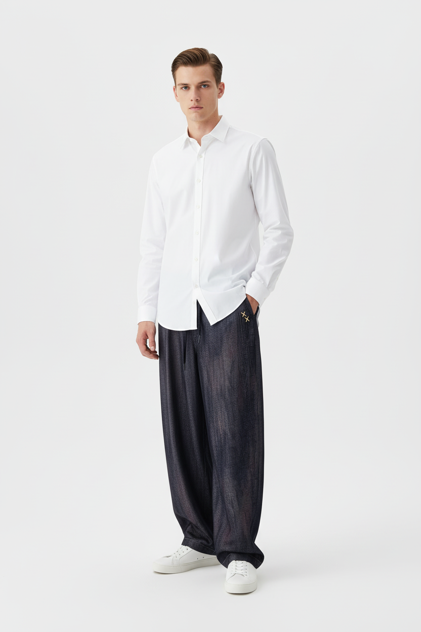 Pantalon sarouel BJHG bleu marine en lin à élastique ceinture, porté par un homme, vue de face sur fond blanc
