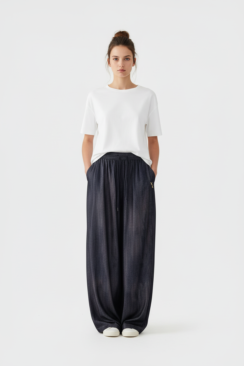 Pantalon sarouel BJHG bleu marine en satin à élastique ceinture, porté par une femme, vue de face sur fond blanc
